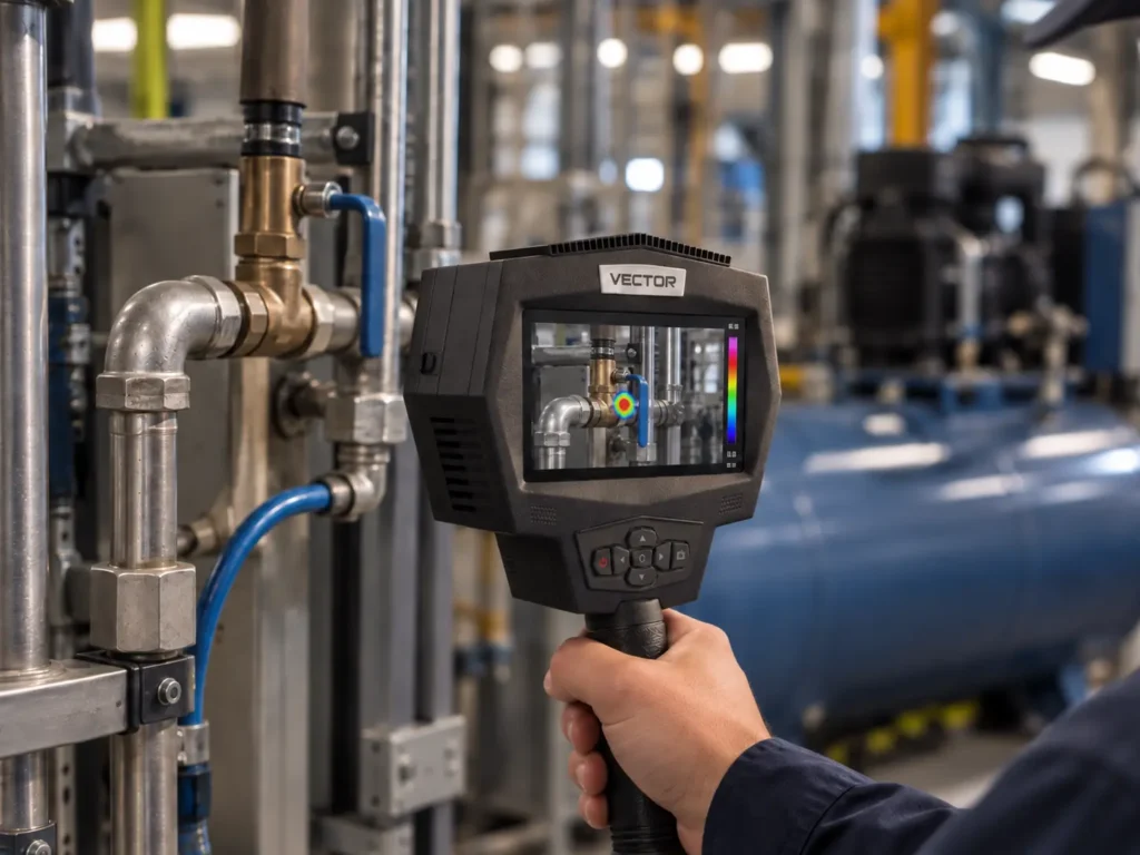 a technician's hand pointing the SPI Vector towards compressed air line, revealing a compressed air leak.